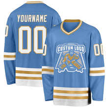 Load image into Gallery viewer, Custom Light Blue White-Old Gold Hockey Jersey