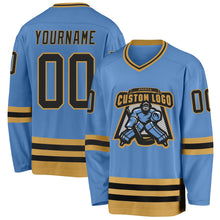 Load image into Gallery viewer, Custom Light Blue Black-Old Gold Hockey Jersey