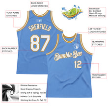 Load image into Gallery viewer, Custom Light Blue White-Old Gold Authentic Throwback Basketball Jersey