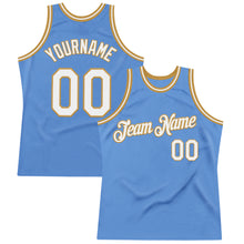 Load image into Gallery viewer, Custom Light Blue White-Old Gold Authentic Throwback Basketball Jersey