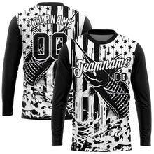 Load image into Gallery viewer, Custom Black White 3D American Flag And Marlin Fish Fishing Long Sleeve Performance T-Shirt