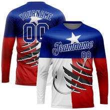 Load image into Gallery viewer, Custom Royal Red-White 3D Texas Flag And Fish Hook Fishing Long Sleeve Performance T-Shirt