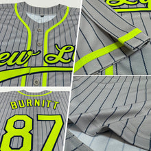 Load image into Gallery viewer, Custom Gray Navy Pinstripe Neon Green Authentic Baseball Jersey