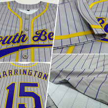 Load image into Gallery viewer, Custom Gray Purple Pinstripe Old Gold Authentic Baseball Jersey