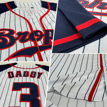 Load image into Gallery viewer, Custom White Navy Pinstripe Navy-Red Authentic Raglan Sleeves Baseball Jersey