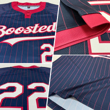 Load image into Gallery viewer, Custom Navy Crimson Pinstripe White Two-Button Unisex Softball Jersey