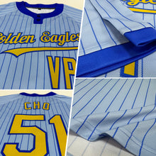 Load image into Gallery viewer, Custom Light Blue Royal Pinstripe Old Gold Two-Button Unisex Softball Jersey