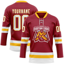 Load image into Gallery viewer, Custom Maroon White-Gold Hockey Lace Neck Jersey