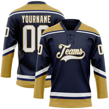 Load image into Gallery viewer, Custom Navy White-Old Gold Hockey Lace Neck Jersey