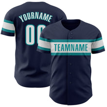 Load image into Gallery viewer, Custom Navy White-Teal Authentic Baseball Jersey