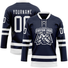 Load image into Gallery viewer, Custom Navy White Hockey Lace Neck Jersey