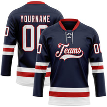 Load image into Gallery viewer, Custom Navy White-Red Hockey Lace Neck Jersey
