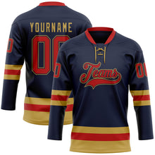 Load image into Gallery viewer, Custom Navy Red-Old Gold Hockey Lace Neck Jersey