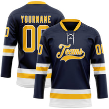 Load image into Gallery viewer, Custom Navy Gold-White Hockey Lace Neck Jersey