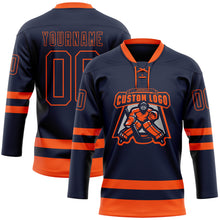 Load image into Gallery viewer, Custom Navy Orange Hockey Lace Neck Jersey