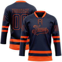 Load image into Gallery viewer, Custom Navy Orange Hockey Lace Neck Jersey