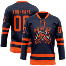 Load image into Gallery viewer, Custom Navy Orange Hockey Lace Neck Jersey