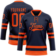 Load image into Gallery viewer, Custom Navy Orange Hockey Lace Neck Jersey