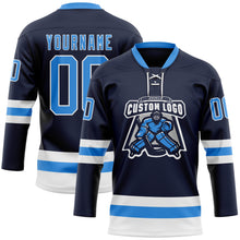 Load image into Gallery viewer, Custom Navy Powder Blue-White Hockey Lace Neck Jersey