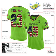 Load image into Gallery viewer, Custom Neon Green Vintage USA Flag Black-Old Gold Mesh Authentic Throwback Football Jersey