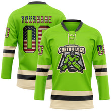 Load image into Gallery viewer, Custom Neon Green Vintage USA Flag Black-Cream Hockey Lace Neck Jersey