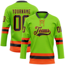 Load image into Gallery viewer, Custom Neon Green Black-Orange Hockey Lace Neck Jersey