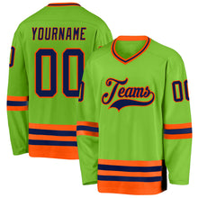 Load image into Gallery viewer, Custom Neon Green Navy-Orange Hockey Jersey