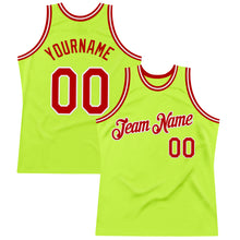 Load image into Gallery viewer, Custom Neon Green Red-White Authentic Throwback Basketball Jersey