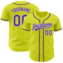 Load image into Gallery viewer, Custom Neon Yellow Purple-White Authentic Baseball Jersey