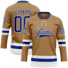 Load image into Gallery viewer, Custom Old Gold Royal-White Hockey Lace Neck Jersey