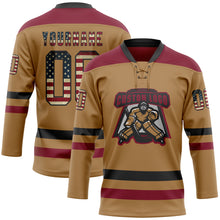 Load image into Gallery viewer, Custom Old Gold Vintage USA Flag Black-Crimson Hockey Lace Neck Jersey