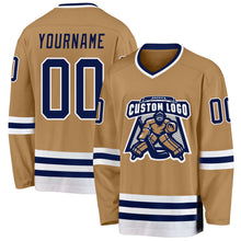 Load image into Gallery viewer, Custom Old Gold Navy-White Hockey Jersey