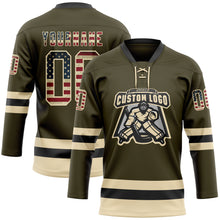 Load image into Gallery viewer, Custom Olive Vintage USA Flag Cream-Black Salute To Service Hockey Lace Neck Jersey