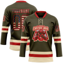 Load image into Gallery viewer, Custom Olive Vintage USA Flag Red-Cream Salute To Service Hockey Lace Neck Jersey