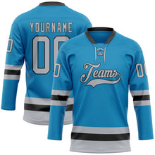 Load image into Gallery viewer, Custom Panther Blue Gray-Black Hockey Lace Neck Jersey