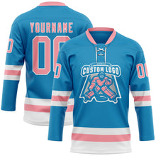 Load image into Gallery viewer, Custom Panther Blue Medium Pink-White Hockey Lace Neck Jersey