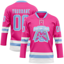 Load image into Gallery viewer, Custom Pink Light Blue-White Hockey Lace Neck Jersey