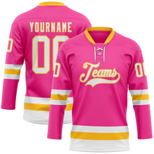 Load image into Gallery viewer, Custom Pink White-Gold Hockey Lace Neck Jersey
