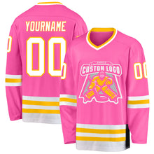 Load image into Gallery viewer, Custom Pink White-Gold Hockey Jersey