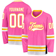 Load image into Gallery viewer, Custom Pink White-Gold Hockey Jersey