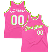 Load image into Gallery viewer, Custom Pink White-Neon Green Authentic Throwback Basketball Jersey