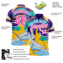 Load image into Gallery viewer, Custom Purple Pink Yellow-Aqua 3D Bowling Splash Ink Performance Polo Shirt