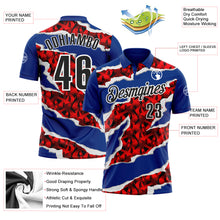Load image into Gallery viewer, Custom Royal Black-Red 3D Bowling Torn Paper Style Performance Polo Shirt