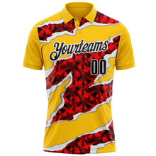Load image into Gallery viewer, Custom Yellow Black-Red 3D Bowling Torn Paper Style Performance Polo Shirt