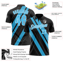 Load image into Gallery viewer, Custom Black Sky Blue-White 3D Bowling Line Shape Performance Polo Shirt