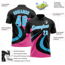 Load image into Gallery viewer, Custom Black Sky Blue-Pink 3D Bowling Geometric Shape Performance Polo Shirt