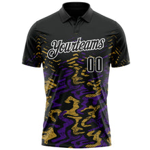 Load image into Gallery viewer, Custom Black Purple-Old Gold 3D Bowling Abstract Grunge Art Performance Polo Shirt