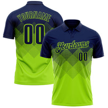 Load image into Gallery viewer, Custom Navy Neon Green 3D Pattern Design Gradient Square Shape Performance Polo Shirt