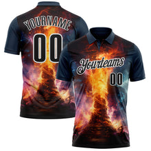 Load image into Gallery viewer, Custom Navy Black-White 3D Bowling Burning Flame Performance Polo Shirt