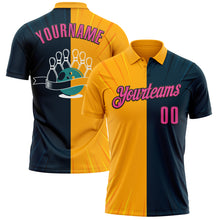 Load image into Gallery viewer, Custom Navy Pink Gold-Black 3D Bowling Performance Polo Shirt
